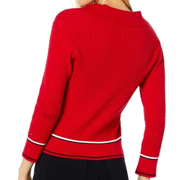 Sale! $70 Tommy Hilfiger Women's Classic Red Johnny Collar Cable Sweater Size S - Picture 6 of 9